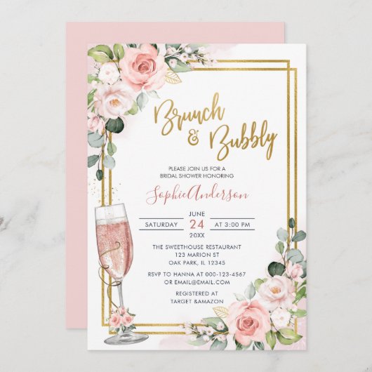赤面ピンクフローラ金ゴールド幾何学的ブランチと泡立ち 招待状 (正面/裏面)