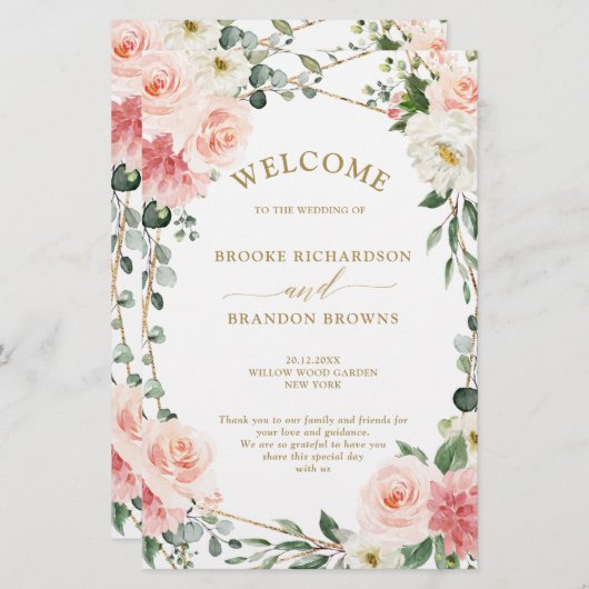 赤面ピンクフローラ金ゴールド幾何学結婚式 プログラム (正面/裏面)