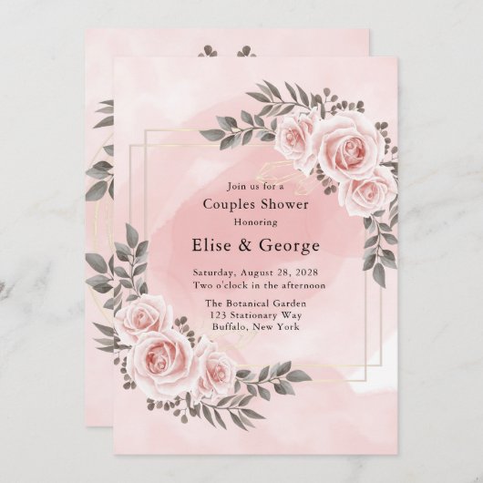 赤面ピンクフローラ金ゴールド水晶カップルのシャワー 招待状 (正面/裏面)