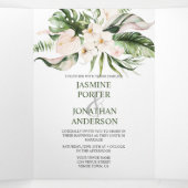 赤面ピンクフローラ金ゴールド熱帯緑結婚色 三つ折り招待状 (内部中)