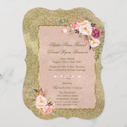 赤面ピンクフローラ金ゴールド結婚グリッター夕べ 招待状 (正面/裏面)