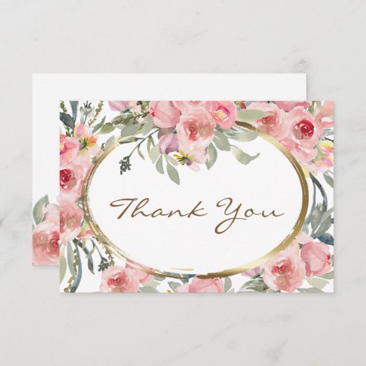 赤面ピンクフローラ金ゴールド結婚フレーム サンキューカード (正面/裏面)