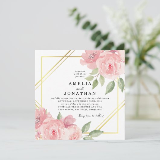 赤面ピンクフローラ金ゴールド結婚フレーム 招待状 (スタンド正面)