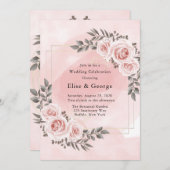 赤面ピンクフローラ金ゴールド結晶の幾何結婚性 招待状 (正面/裏面)