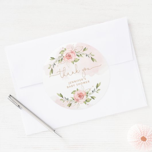 赤面ピンクフローラ金ゴールド赤ちゃんシャワー感謝していユー ラウンドシール (封筒)