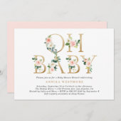 赤面ピンクフローラ金箔レターベビーシャワー 招待状 (正面/裏面)