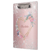 赤面ピンクフローラ銀グリッターモノグラム名 クリップボード (左)