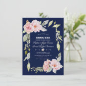 赤面ピンクフローラ開花ネイビーブルーリハーサルディナー 招待状 (スタンド正面)
