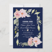 赤面ピンクフローラ開花ネイビーブルーリハーサルディナー 招待状 (正面)