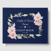 赤面ピンクフローラ開花ネイビーブルー結婚ズ ゲストブック (正面)