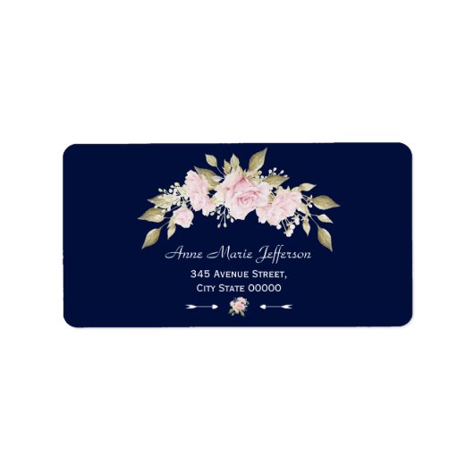 赤面ピンクフローラ開花ネイビーブルー結婚ズ ラベル (正面)