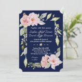 赤面ピンクフローラ開花ネイビーブルー結婚ズ 招待状 (スタンド正面)