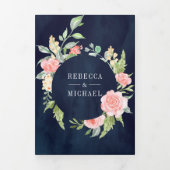 赤面ピンクフローラ開花フォトネイビーブルー結婚ズ 三つ折り招待状 (カバー)