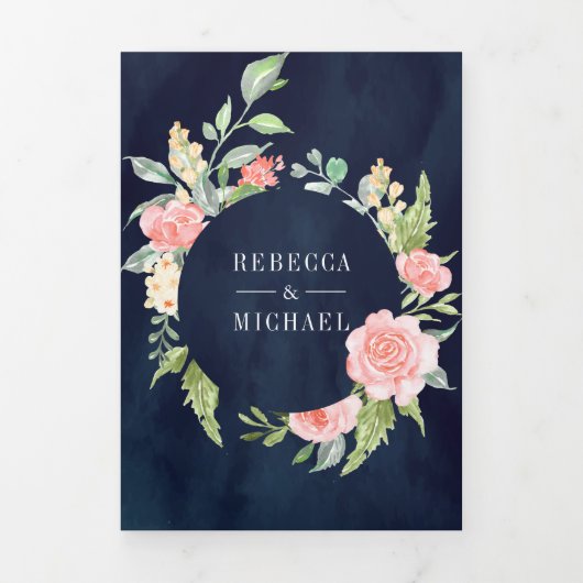 赤面ピンクフローラ開花フォトネイビーブルー結婚ズ 三つ折り招待状 (カバー)