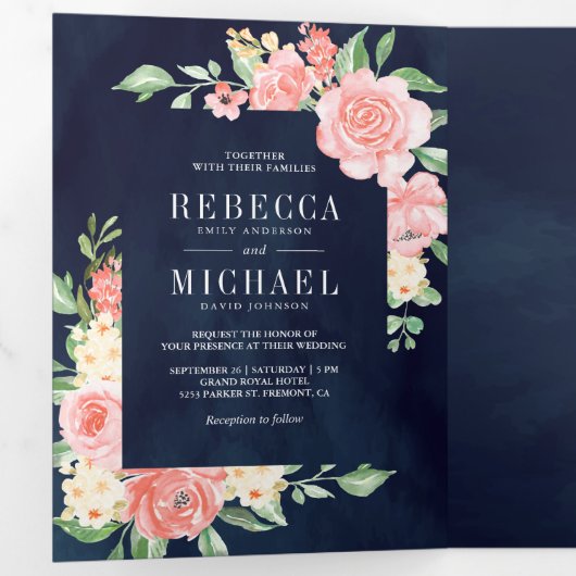 赤面ピンクフローラ開花フォトネイビーブルー結婚ズ 三つ折り招待状 (内部最初)
