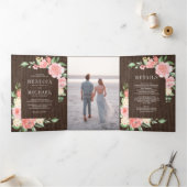 赤面ピンクフローラ開花フォトバーンウッド結婚ズ 三つ折り招待状 (内部)