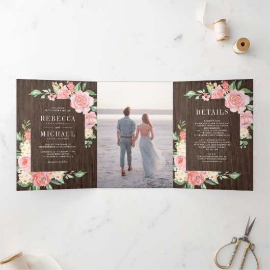 赤面ピンクフローラ開花フォトバーンウッド結婚ズ 三つ折り招待状 (内部)