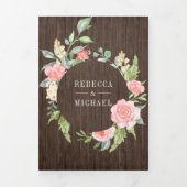 赤面ピンクフローラ開花フォトバーンウッド結婚ズ 三つ折り招待状 (カバー)