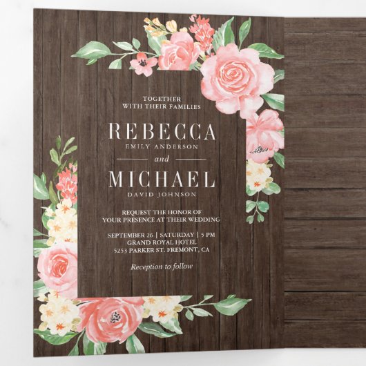 赤面ピンクフローラ開花フォトバーンウッド結婚ズ 三つ折り招待状 (内部最初)