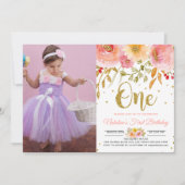 赤面ピンクフローラ1st誕生日の写真の招待状 招待状 (正面)