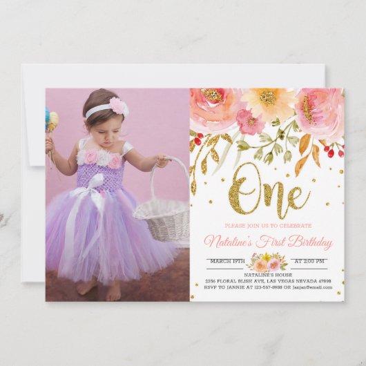 赤面ピンクフローラ1st誕生日の写真の招待状 招待状 (正面)