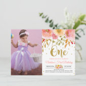 赤面ピンクフローラ1st誕生日の写真の招待状 招待状 (スタンド正面)