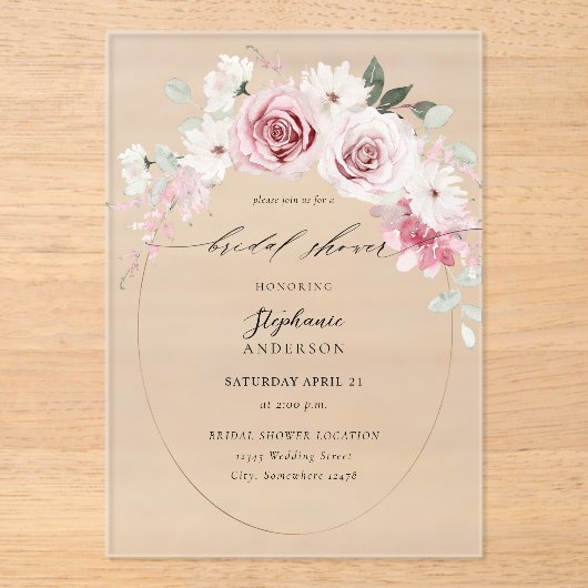 赤面ピンクフローラ2ブライダルシャワー アクリル招待状 (正面)