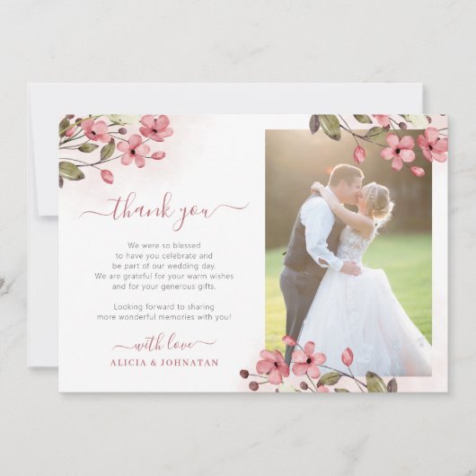 赤面ピンクフローラ2枚エレガントの写真結婚はscript's サンキューカード (正面)