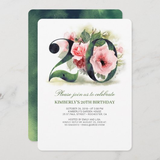 赤面ピンクフローラ20th誕生日パーティー 招待状 (正面/裏面)