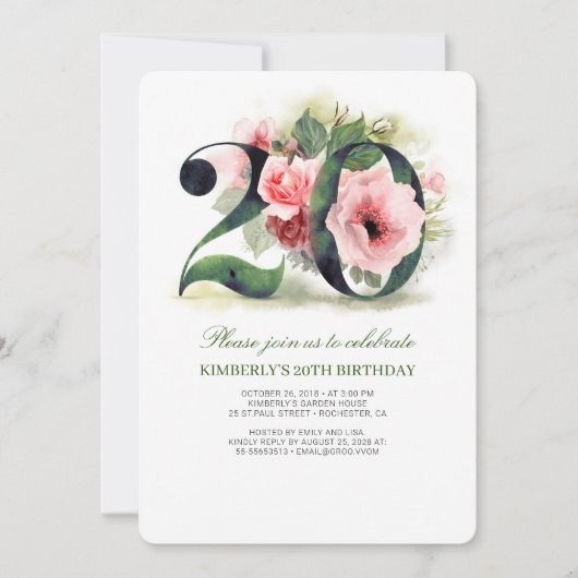 赤面ピンクフローラ20th誕生日パーティー 招待状 (正面)