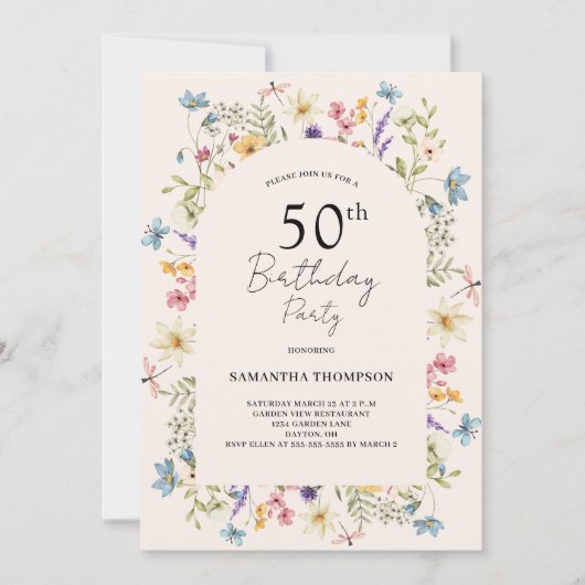 赤面ピンクフローラ50誕生日 招待状 (正面)