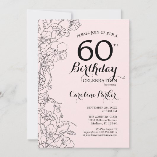 赤面ピンクフローラ60th誕生日パーティー 招待状 (正面)