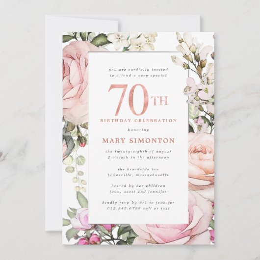 赤面ピンクフローラ70th誕生日パーティー 招待状 (正面)