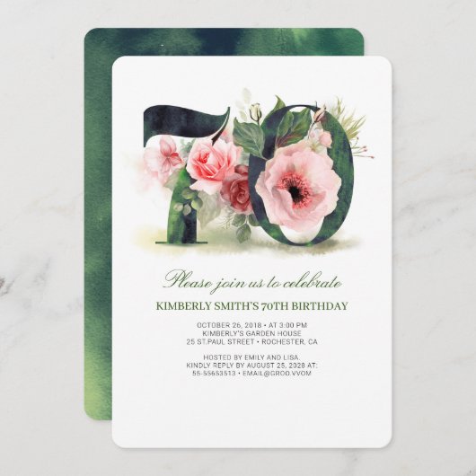 赤面ピンクフローラ70th誕生日パーティー 招待状 (正面/裏面)