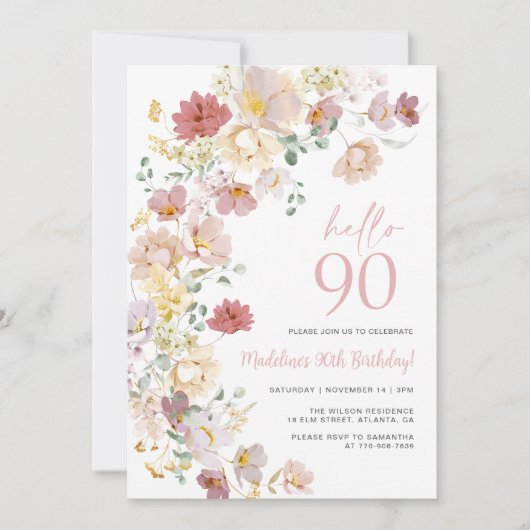 赤面ピンクフローラ90誕生日 招待状 (正面)