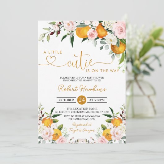 赤面ピンクフローラ、オレンジ色の小さなかわいこちゃん赤ちゃんシャワー 招待状 (スタンド正面)