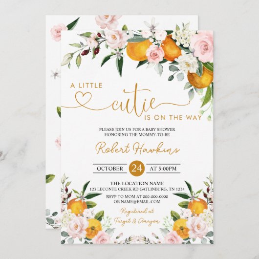 赤面ピンクフローラ、オレンジ色の小さなかわいこちゃん赤ちゃんシャワー 招待状 (正面/裏面)