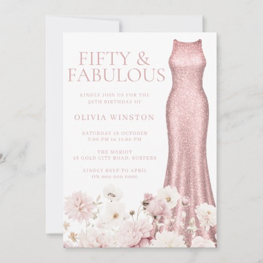 赤面ピンクフローラ&ドレス50thバースデーパーティー 招待状 (正面)