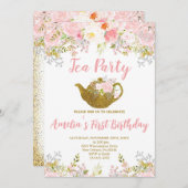 赤面ピンクフローラ、ハイティーファースト誕生日 招待状 (正面/裏面)