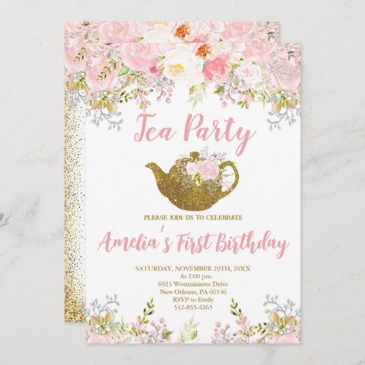 赤面ピンクフローラ、ハイティーファースト誕生日 招待状 (正面/裏面)