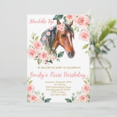 赤面ピンクフローラ&ホースファースト誕生日パーティー 招待状 (スタンド正面)