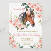 赤面ピンクフローラ&ホースファースト誕生日パーティー 招待状 (正面/裏面)