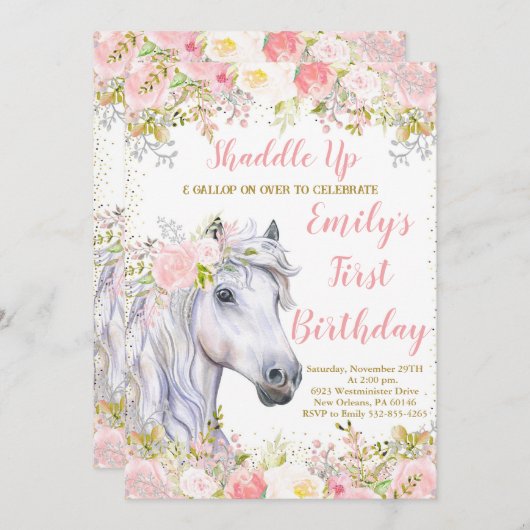 赤面ピンクフローラ&ホースファースト誕生日パーティー 招待状 (正面/裏面)