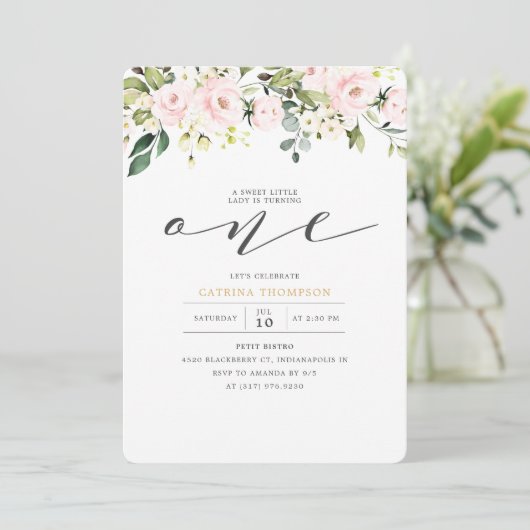 赤面ピンクフローラ&ユーカリプトゥスガール1st誕生日 招待状 (スタンド正面)