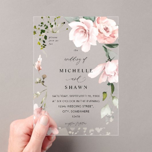 赤面ピンクフローラ&ユーカリ結婚プスの2B アクリル招待状 (インサイチュ (ポータブル))