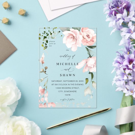 赤面ピンクフローラ&ユーカリ結婚プスの2B アクリル招待状 (インサイチュ (ウェディング))