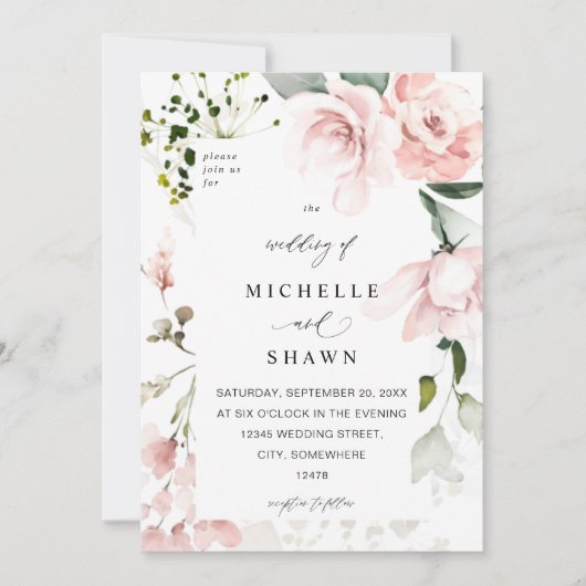 赤面ピンクフローラ&ユーカリ結婚プスの2B 招待状 (正面)