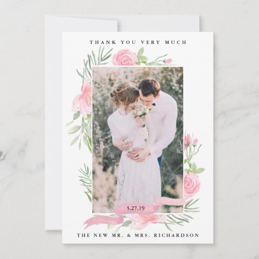 赤面ピンクフローラ | 結婚の写真 サンキューカード (正面)