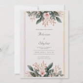 赤面ピンクフローラ&緑ミニマル結婚リスト 招待状 (正面)