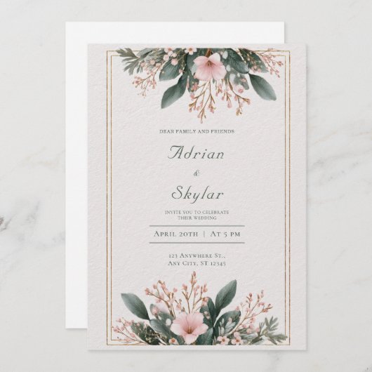 赤面ピンクフローラ&緑ミニマル結婚リスト 招待状 (正面/裏面)